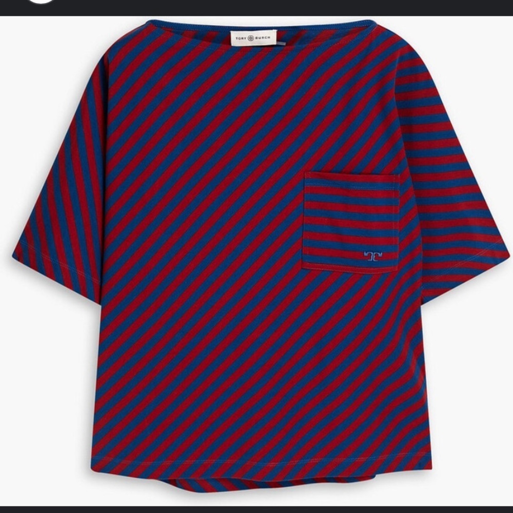 Tory Burch Logo-embroidered striped cotton-jersey T-shirt 258$ s NWOT oversized